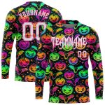 Bright Multicolored Halloween Pumpkins and Bats 3D Pattern Long Sleeve Performance T-Shirt Custom 3D Pattern Bright Multicolored