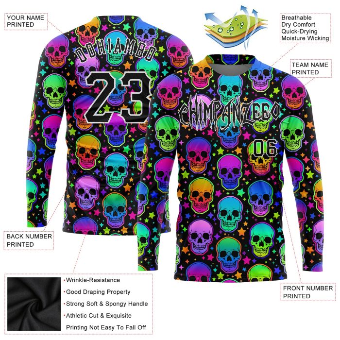 Bright Multicolored Halloween Skulls 3D Pattern Long Sleeve Performance T-Shirt Custom 3D Pattern Bright Multicolored Halloween - Image 2