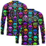 Bright Multicolored Halloween Skulls 3D Pattern Long Sleeve Performance T-Shirt Custom 3D Pattern Bright Multicolored Halloween