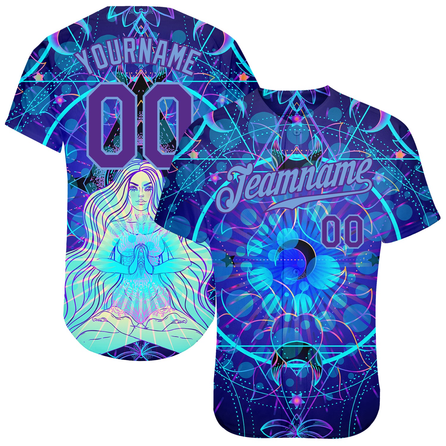 Custom 3D Pattern Design Magic Girl Sitting And Meditation In Lotus Position Over Geometry Psychedelic Hallucination Authentic Baseball Jersey Magic Girl Meditation Lotus 3D Pattern Design Psychedelic Geometry Authentic Baseball Jersey Custom 3D Pattern Design Magic - Image 1