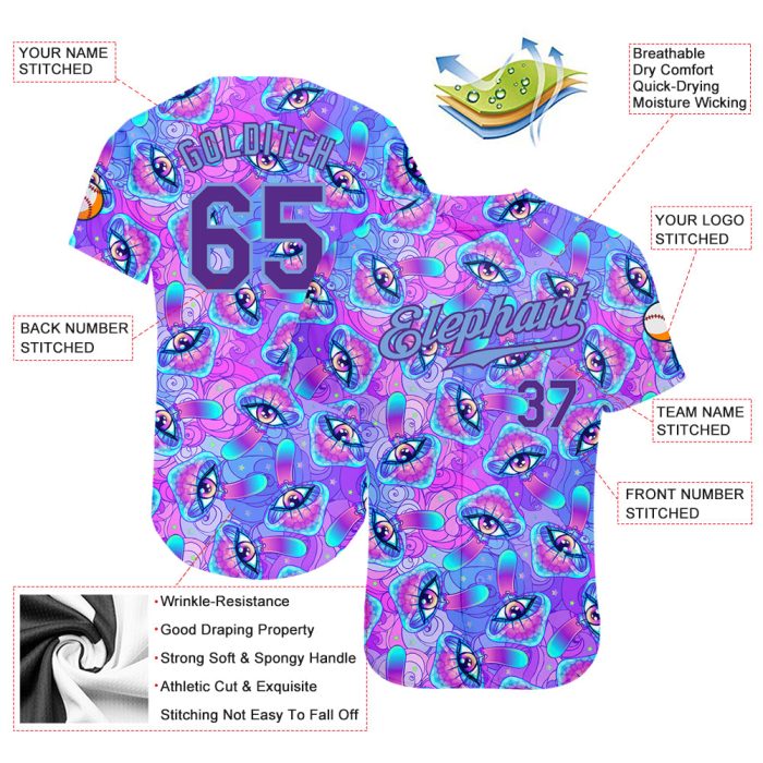 Magic Mushrooms Psychedelic 3D Pattern Authentic Baseball Jersey - Unique Design 9256 Custom 3D Pattern Design Magic Mushrooms - Image 3