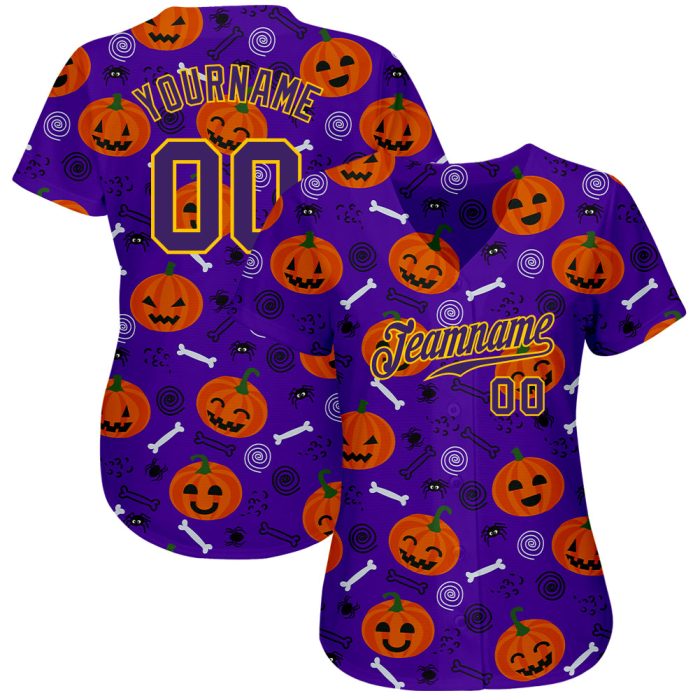 Halloween Pumpkins 3D Pattern Custom Baseball Jersey Style 7456 Custom 3D Pattern Halloween Pumpkins Authentic Baseball Jersey - Image 2