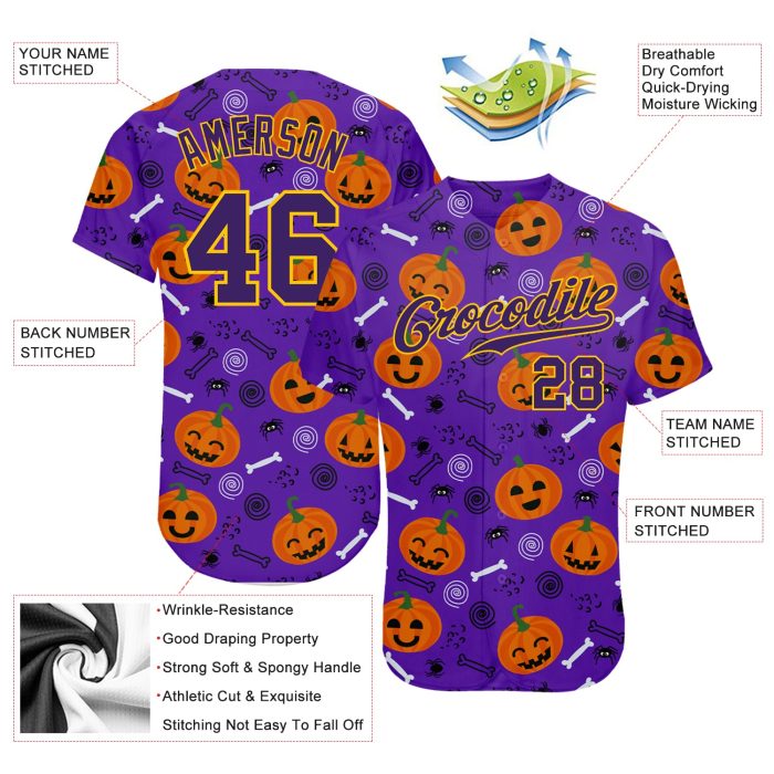 Halloween Pumpkins 3D Pattern Custom Baseball Jersey Style 7456 Custom 3D Pattern Halloween Pumpkins Authentic Baseball Jersey - Image 3