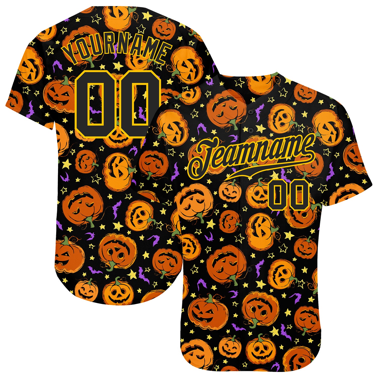 Halloween 3D Pumpkins Bats Stars Custom Baseball Jersey Authentic Design Custom 3D Pattern Halloween Pumpkins Bats Stars