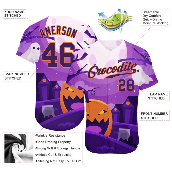 Halloween Pumpkins 3D Pattern Authentic Baseball Jersey for Horror Night Style 2432 Custom 3D Pattern Halloween Pumpkins - Image 3
