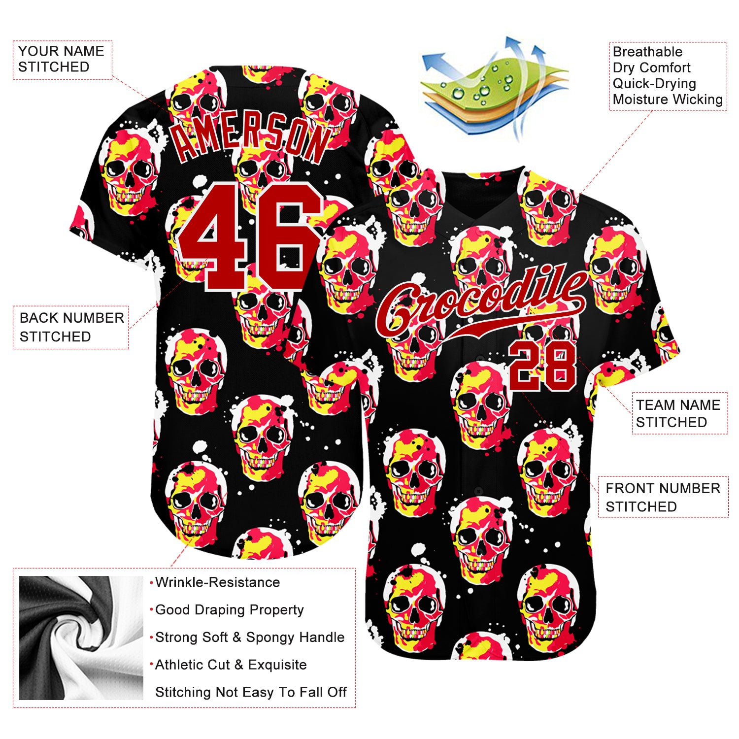 Custom 3D Pattern Halloween Skulls Authentic Baseball Jersey Style 3141 Halloween Skull 3D Pattern Baseball Jersey - Custom Style 3141 Custom 3D Pattern Halloween Skulls Authentic Baseball Jersey - Image 3