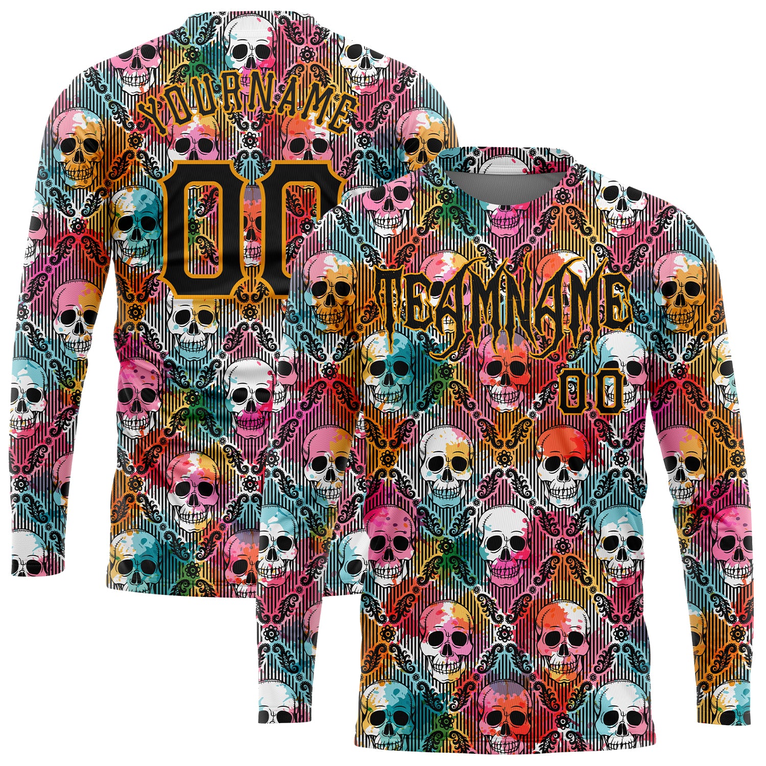 Halloween Skulls 3D Pattern Long Sleeve Performance T-Shirt - Custom Fit Custom 3D Pattern Halloween Skulls Long Sleeve Performance