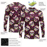 Halloween Skull Floral 3D Pattern Long Sleeve Performance T-Shirt Custom Design Custom 3D Pattern Halloween Skulls With Floral - Image 2