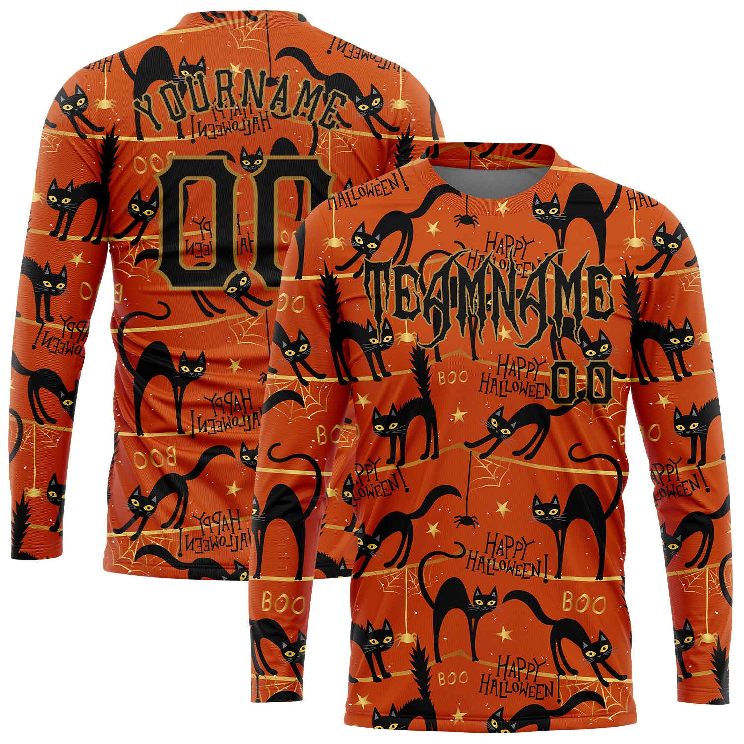 Happy Halloween Black Cats Spiders 3D Pattern Long Sleeve Performance T-Shirt Custom 3D Pattern Happy Halloween Black Cats