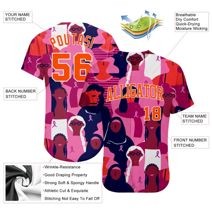 3D Pink Ribbon Breast Cancer Awareness Jersey for Women Health Care Support - Authentic Baseball Style 6790 Custom 3D Pink - Image 3