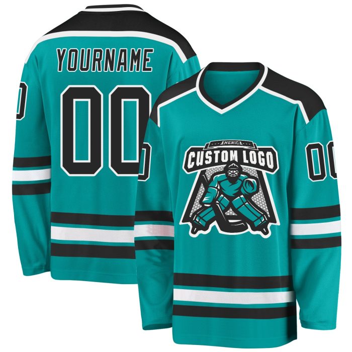 Custom Hockey Jersey - Aqua Black & White Design for Team Sports Custom Aqua Black-White Hockey Jersey - Image 1