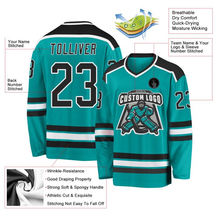 Custom Hockey Jersey - Aqua Black & White Design for Team Sports Custom Aqua Black-White Hockey Jersey - Image 3