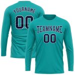 Custom Aqua Navy White Long Sleeve Performance T-Shirt for Men, Style 8904 Custom Aqua Navy-White Long Sleeve Performance - Image 2