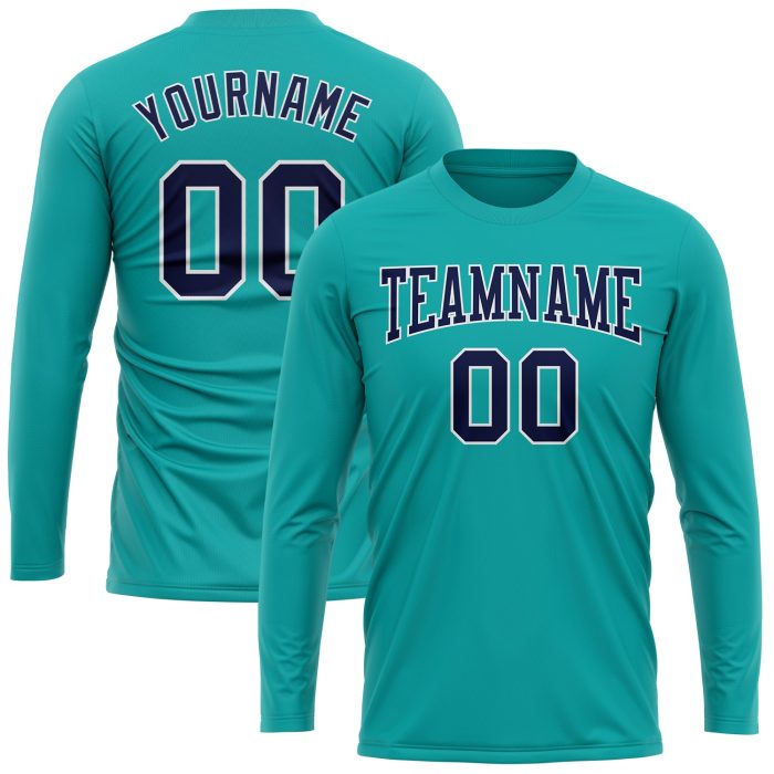 Custom Aqua Navy White Long Sleeve Performance T-Shirt for Men, Style 8904 Custom Aqua Navy-White Long Sleeve Performance - Image 2