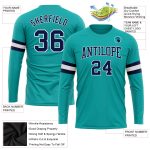 Custom Aqua Navy White Long Sleeve Performance T-Shirt for Men, Style 8904 Custom Aqua Navy-White Long Sleeve Performance - Image 3