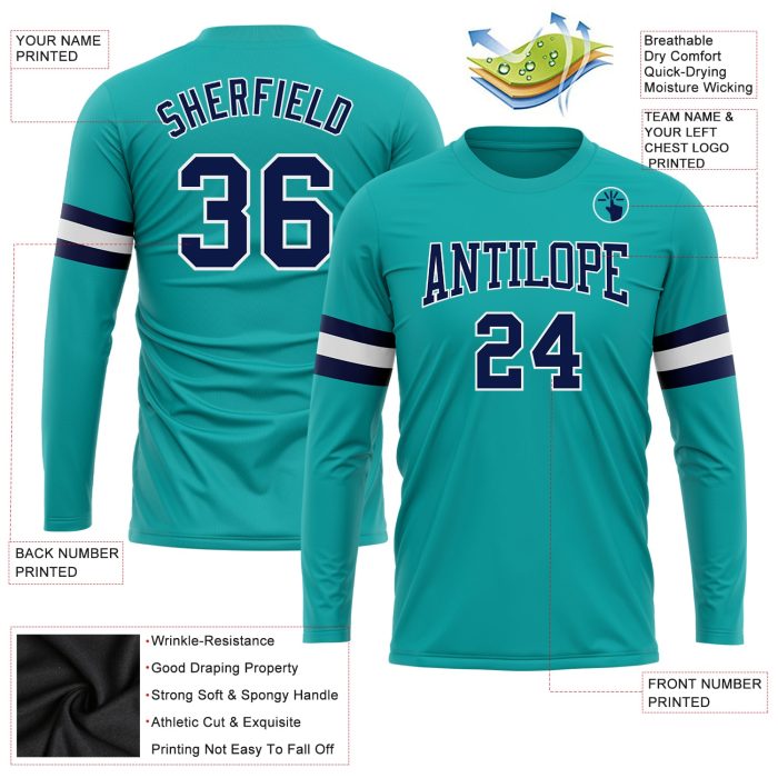 Custom Aqua Navy White Long Sleeve Performance T-Shirt for Men, Style 8904 Custom Aqua Navy-White Long Sleeve Performance - Image 3