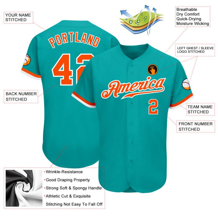 Custom Baseball Jersey - Aqua Orange White Authentic Design for Teams and Fans Custom Aqua Orange-White Authentic Baseball - Image 3