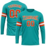 Custom Aqua Orange White Long Sleeve Performance T-Shirt for Men and Women, Style 8791 Custom Aqua Orange-White Long Sleeve