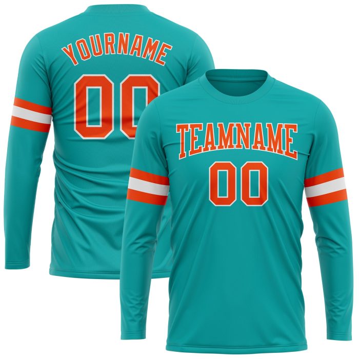 Custom Aqua Orange White Long Sleeve Performance T-Shirt for Men and Women, Style 8791 Custom Aqua Orange-White Long Sleeve - Image 1