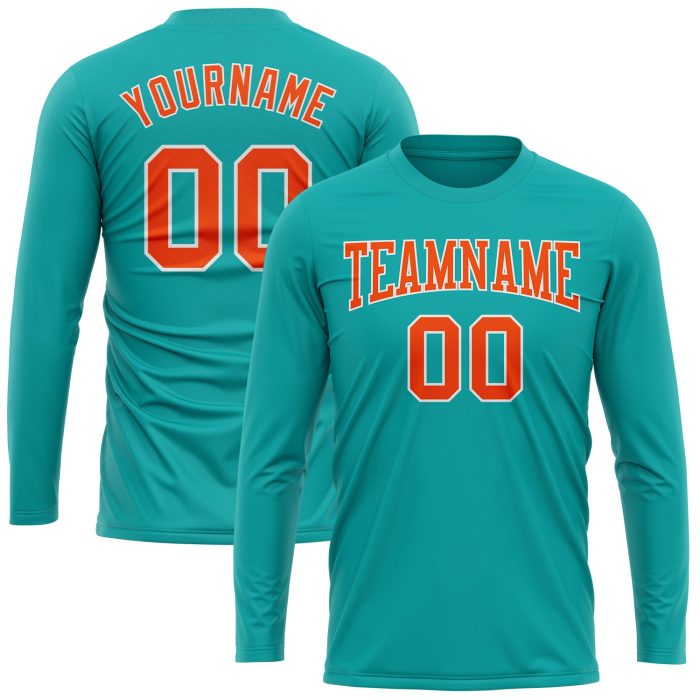 Custom Aqua Orange White Long Sleeve Performance T-Shirt for Men and Women, Style 8791 Custom Aqua Orange-White Long Sleeve - Image 2