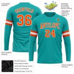 Custom Aqua Orange White Long Sleeve Performance T-Shirt for Men and Women, Style 8791 Custom Aqua Orange-White Long Sleeve - Image 3
