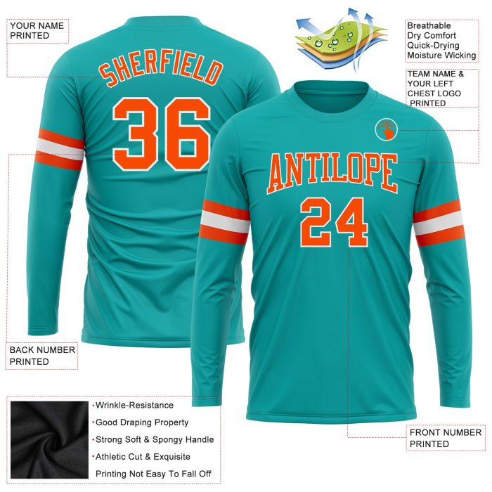 Custom Aqua Orange White Long Sleeve Performance T-Shirt for Men and Women, Style 8791 Custom Aqua Orange-White Long Sleeve - Image 3