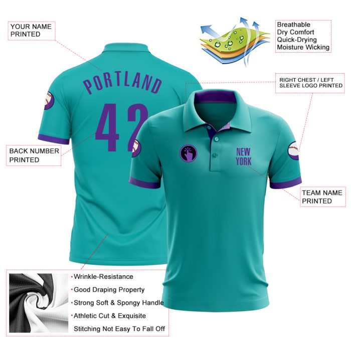 Aqua Purple Performance Golf Polo Shirt - Customizable Golf Apparel Custom Aqua Purple Performance Golf Polo Shirt - Image 3