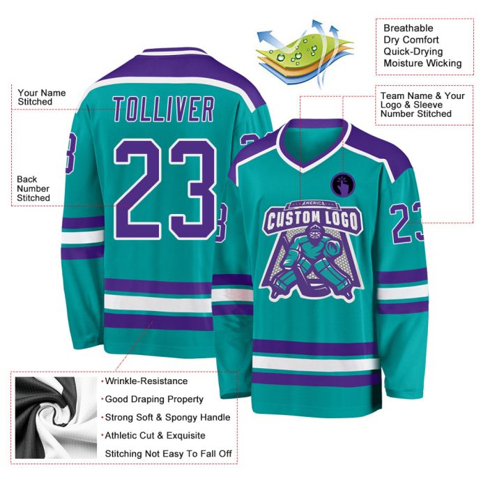 Custom Aqua Purple White Hockey Jersey for Men and Women Sports Apparel Custom Aqua Purple-White Hockey Jersey - Image 3