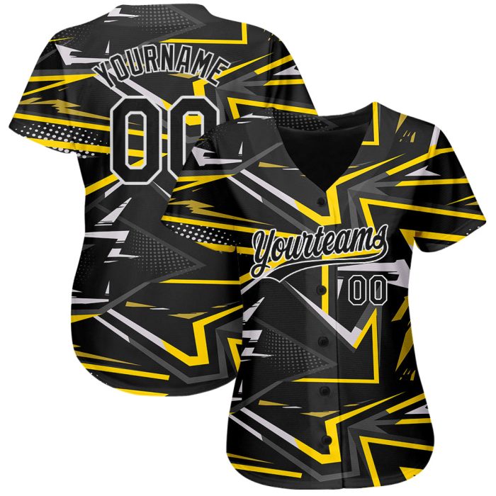 Custom Black Gold 3D Pattern Baseball Jersey Authentic Design Custom Black Black-Gold 3D Pattern Design Authentic Baseball - Image 2