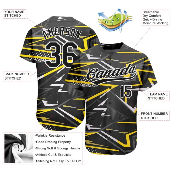 Custom Black Gold 3D Pattern Baseball Jersey Authentic Design Custom Black Black-Gold 3D Pattern Design Authentic Baseball - Image 3