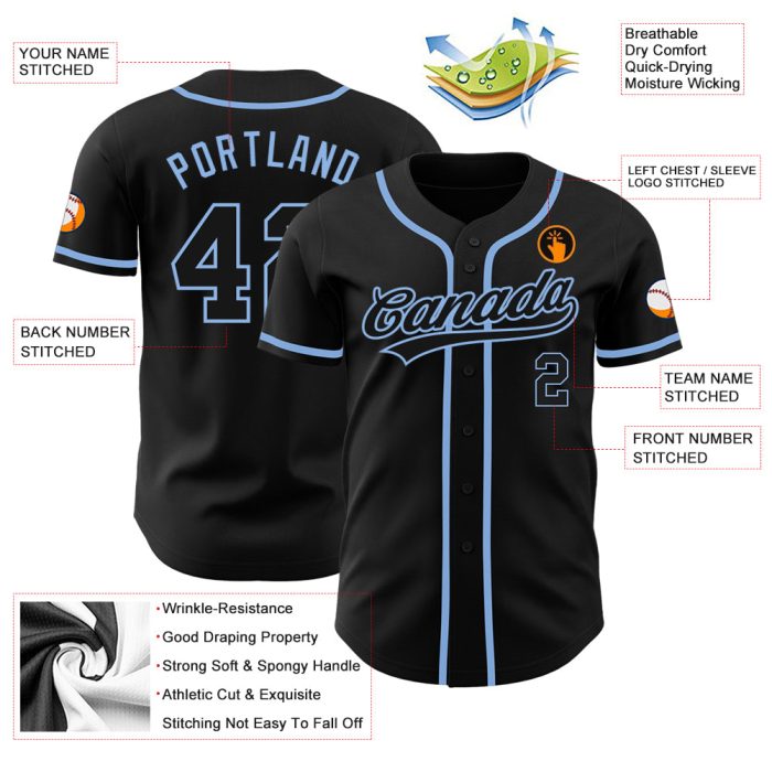 Custom Black Blue Authentic Baseball Jersey - Personalized Design for Fans Custom Black Black-Light Blue Authentic Baseball - Image 3