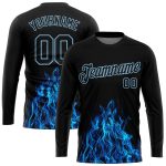 Custom Black Blue Flame 3D Long Sleeve Performance T-Shirt for Men and Women Custom Black Black-Light Blue Flame 3D Pattern