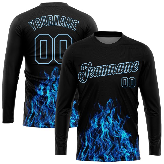 Custom Black Blue Flame 3D Long Sleeve Performance T-Shirt for Men and Women Custom Black Black-Light Blue Flame 3D Pattern - Image 1