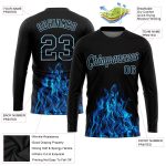 Custom Black Blue Flame 3D Long Sleeve Performance T-Shirt for Men and Women Custom Black Black-Light Blue Flame 3D Pattern - Image 2