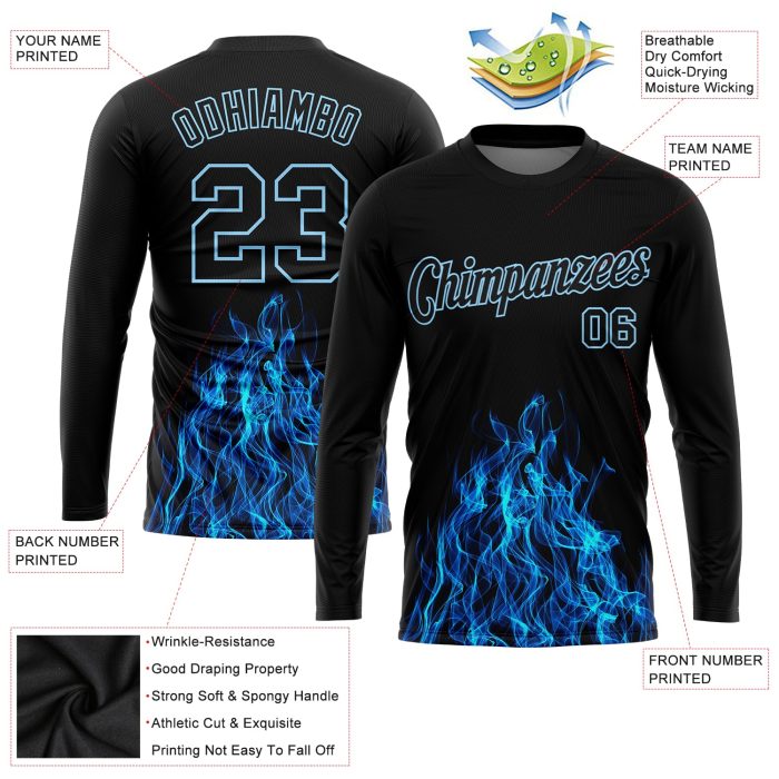 Custom Black Blue Flame 3D Long Sleeve Performance T-Shirt for Men and Women Custom Black Black-Light Blue Flame 3D Pattern - Image 2