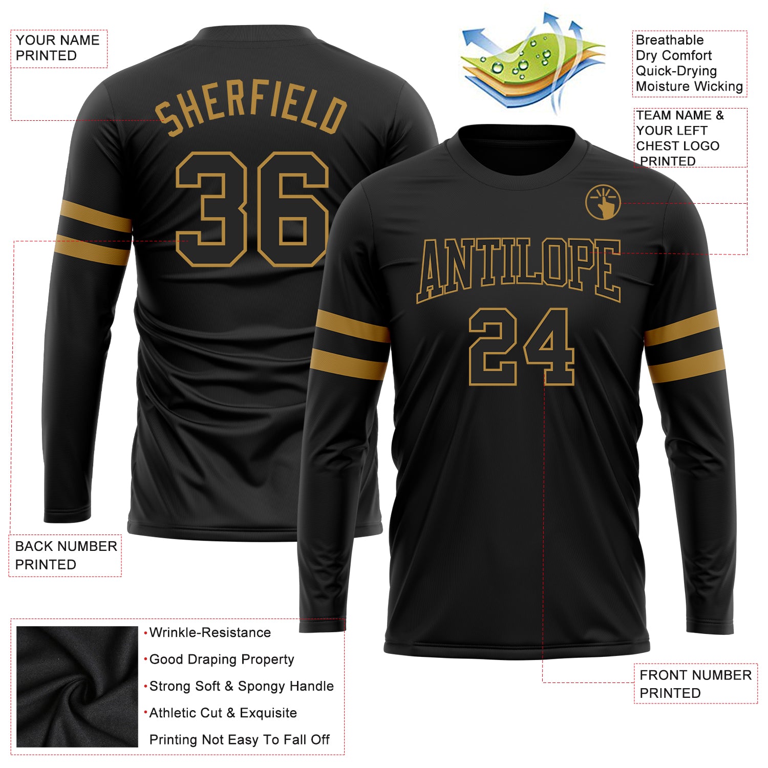 Custom Black Black-Old Gold Long Sleeve Performance T-Shirt Custom Black Gold Long Sleeve Performance T-Shirt - Comfortable Athletic Wear for Men and Women Custom Black Black-Old Gold - Image 3