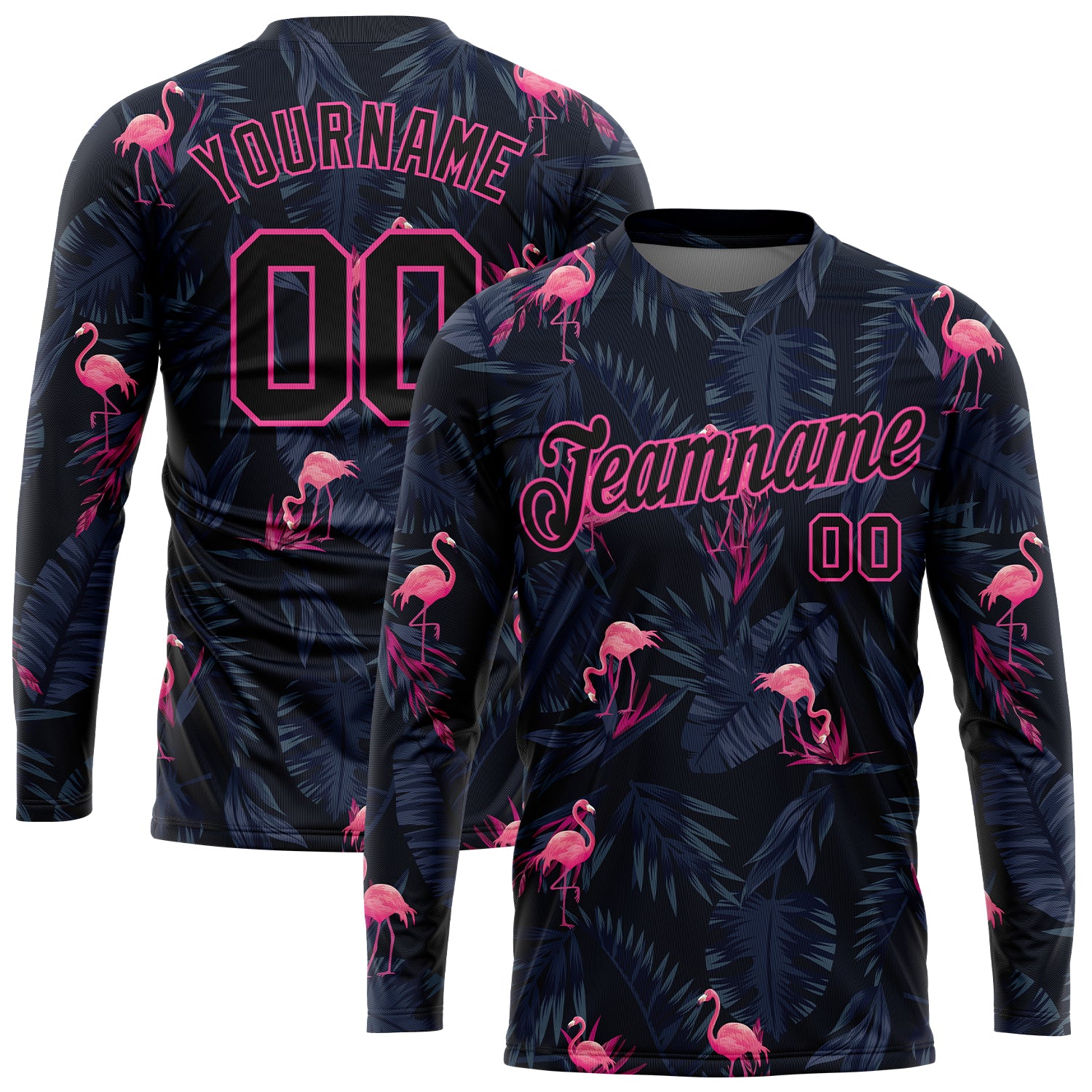 Custom Black Pink Flamingo 3D Pattern Performance Long Sleeve T-Shirt Custom Black Black-Pink Flamingo 3D Pattern Long Sleeve