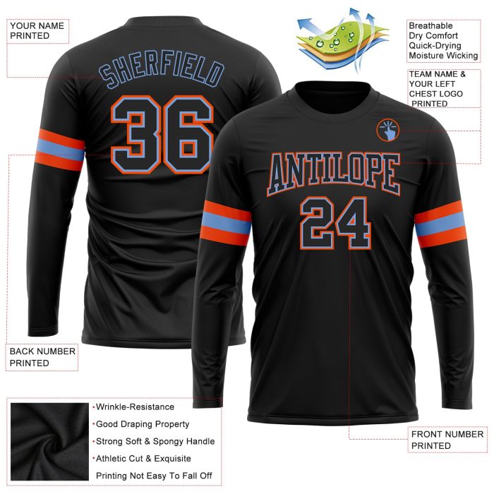 Custom Performance T-Shirt Black Powder Blue Orange Long Sleeve for Men Custom Black Black Powder Blue-Orange Long Sleeve - Image 3