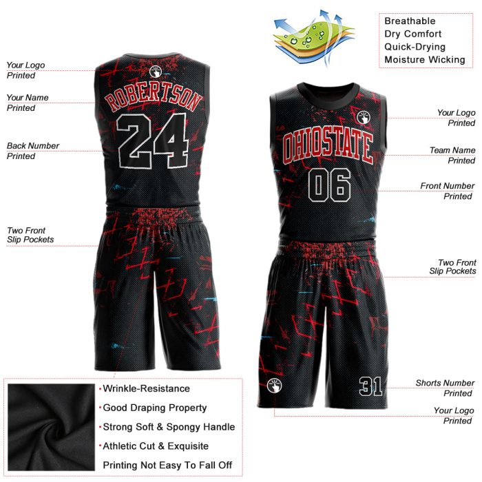 Custom Black Red Round Neck Basketball Jersey Sublimation Suit Custom Black Black-Red Round Neck Sublimation Basketball Suit - Image 2