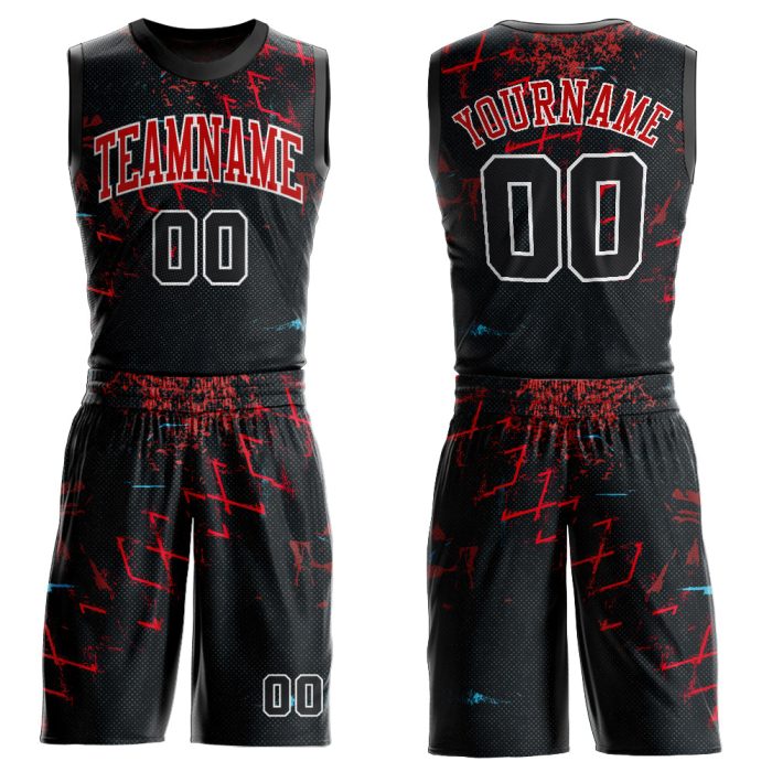 Custom Black Red Round Neck Basketball Jersey Sublimation Suit Custom Black Black-Red Round Neck Sublimation Basketball Suit - Image 1
