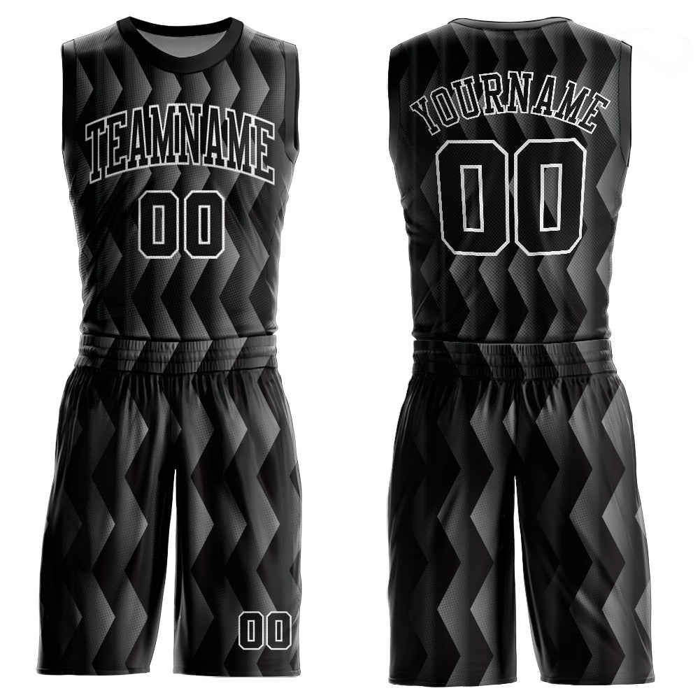 Custom Black Silver Gray Basketball Jersey Sublimation Round Neck Suit Custom Black Black-Silver Gray Round Neck Sublimation
