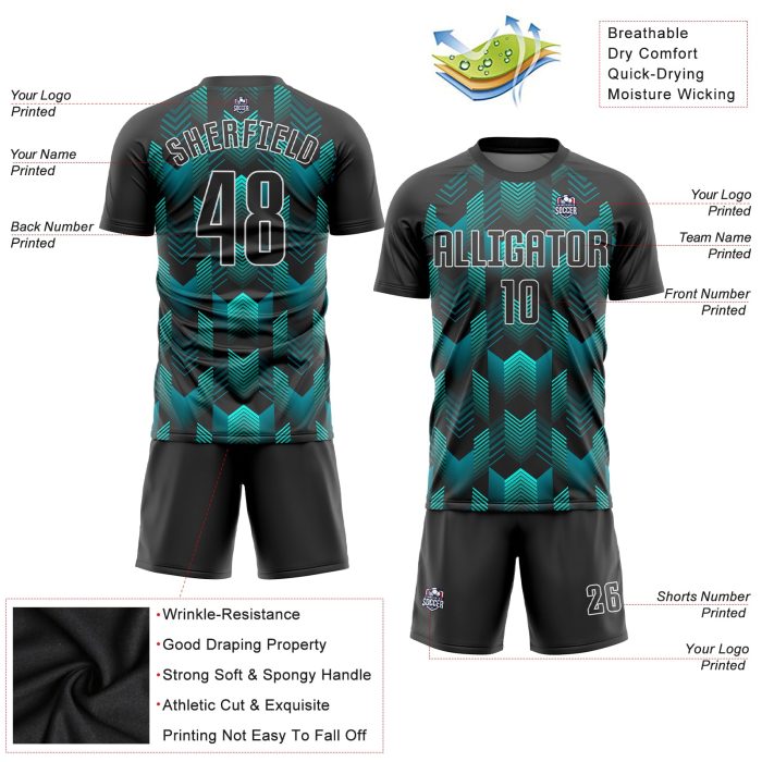 Black-Teal Sublimation Soccer Jersey - Custom Soccer Uniform for Teams Custom Black Black-Teal Sublimation Soccer Uniform - Image 3