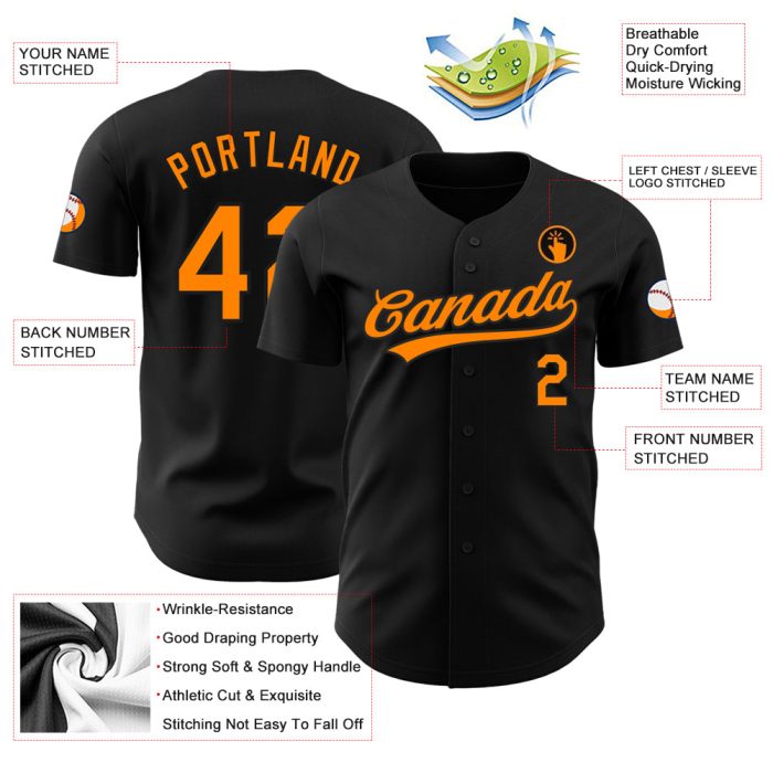 Custom Black Blaze Orange Baseball Jersey - Authentic Team Apparel Custom Black Blaze Orange Authentic Baseball Jersey - Image 3