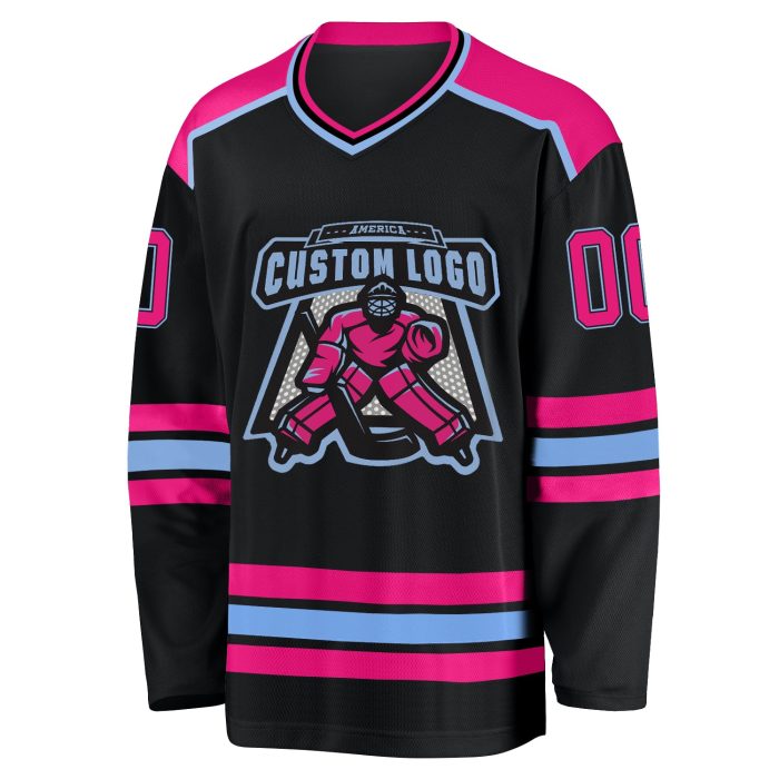 Custom Black Hockey Jersey with Hot Pink and Light Blue Accents - Personalized Team Apparel Custom Black Hot Pink-Light Blue - Image 2