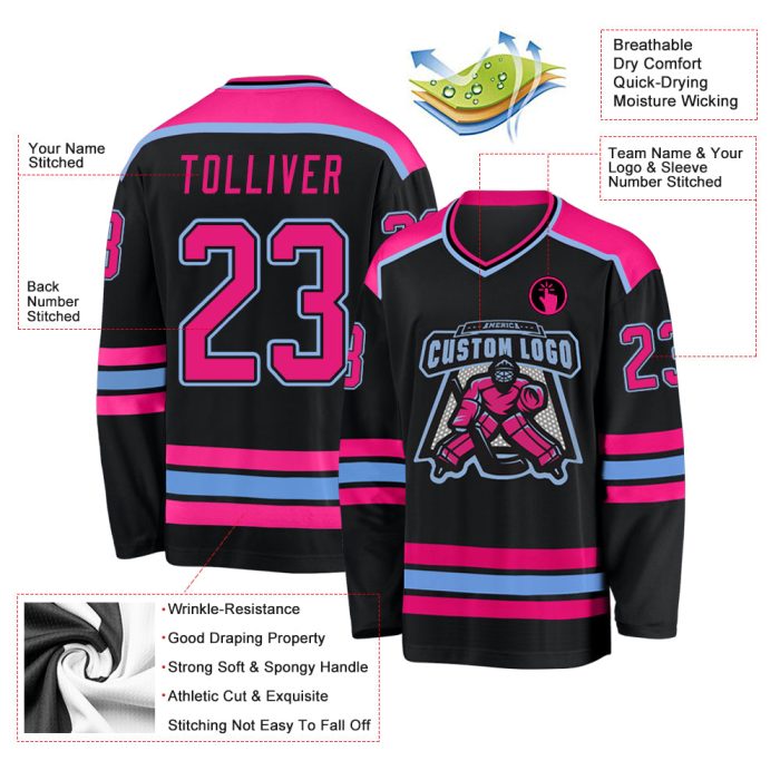 Custom Black Hockey Jersey with Hot Pink and Light Blue Accents - Personalized Team Apparel Custom Black Hot Pink-Light Blue - Image 3