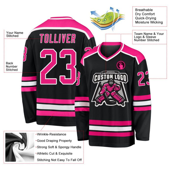 Personalized Black Hot Pink White Hockey Jersey for Men and Women Customize Your Own Design Custom Black Hot Pink-White Hockey - Image 3