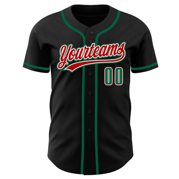 Custom Black Baseball Jersey with Kelly Green and Red Accents - Authentic Design Custom Black Kelly Green-Red Authentic Baseball - Image 2