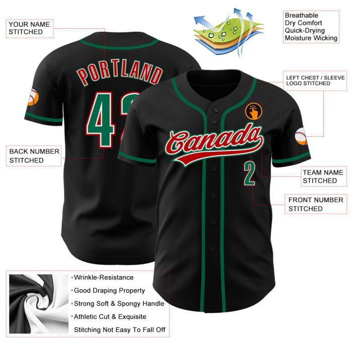 Custom Black Baseball Jersey with Kelly Green and Red Accents - Authentic Design Custom Black Kelly Green-Red Authentic Baseball - Image 3