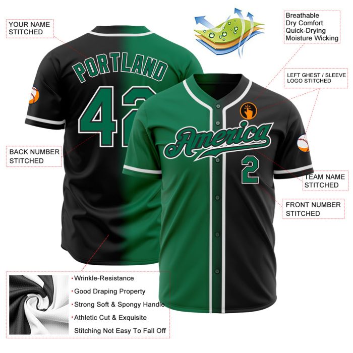 Custom Black Green White Authentic Fade Baseball Jersey - Fashion Style Custom Black Kelly Green-White Authentic Fade Fashion - Image 2