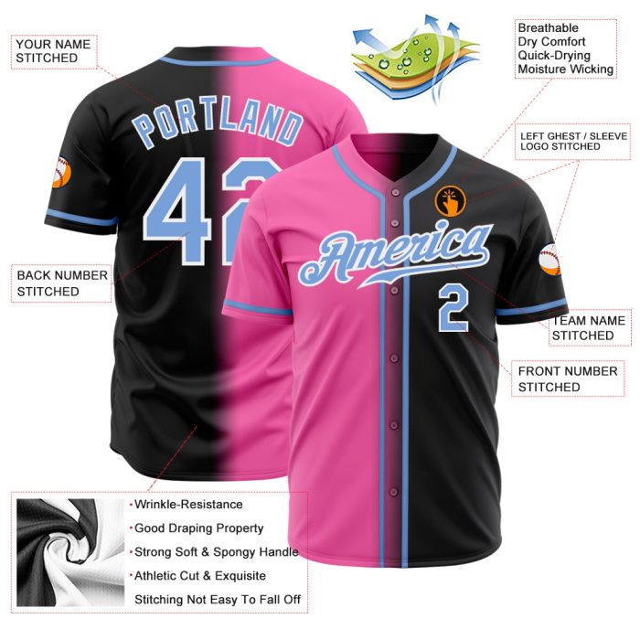 Custom Baseball Jersey Authentic Fade Light Blue Pink White Black Design Custom Black Light Blue Pink-White Authentic Fade - Image 2